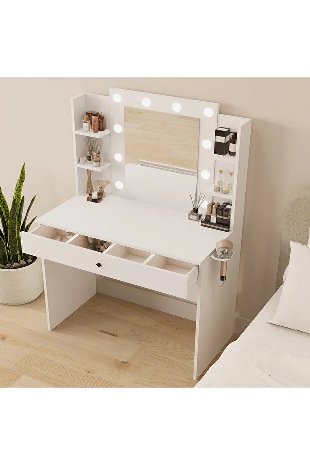 Hollywood Işıklı Aynalı Kulis Makyaj Masası Takı Düzenleyici Beyaz Patentli Tasarım